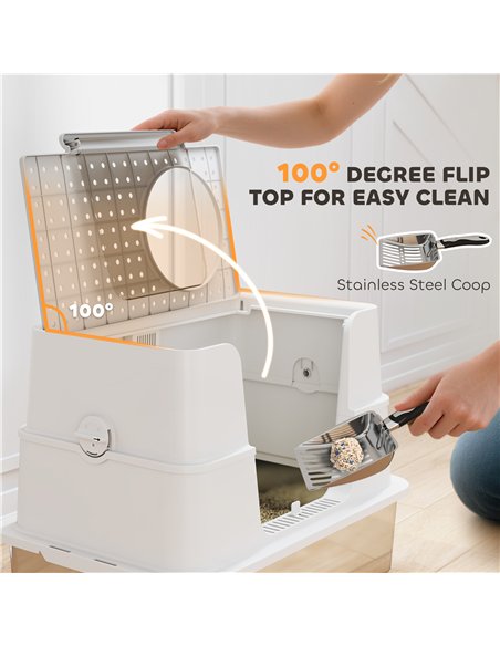 PawHut XL Stainless Steel Litter Box w/ 100° Flip Top, Scoop, Side Top Dual Entry, Odor Free, Easy Cleaning, Anti Leakage - pic 194586 | FastDaddyshop