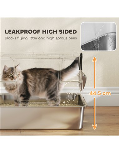 PawHut XL Stainless Steel Litter Box w/ 100° Flip Top, Scoop, Side Top Dual Entry, Odor Free, Easy Cleaning, Anti Leakage