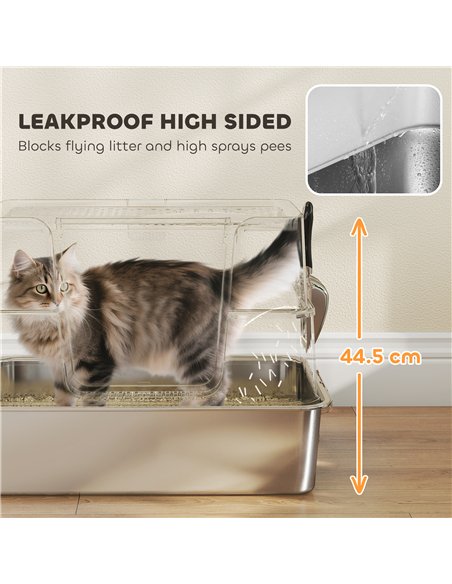 PawHut XL Stainless Steel Litter Box w/ 100° Flip Top, Scoop, Side Top Dual Entry, Odor Free, Easy Cleaning, Anti Leakage - pic 194588 | FastDaddyshop