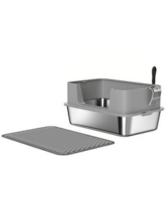 PawHut High Sided Stainless Steel Litter Box, Metal Cat Litter Tray with Metal Scoop, Litter Mat, Never Absorbs Odors, Grey