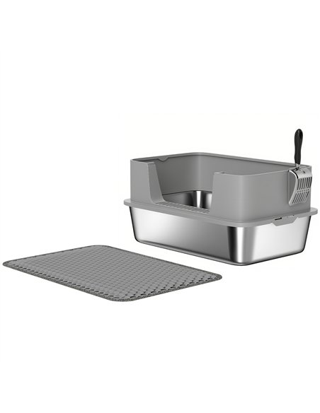 PawHut High Sided Stainless Steel Litter Box, Metal Cat Litter Tray with Metal Scoop, Litter Mat, Never Absorbs Odors, Grey - pic 194590 | FastDaddyshop