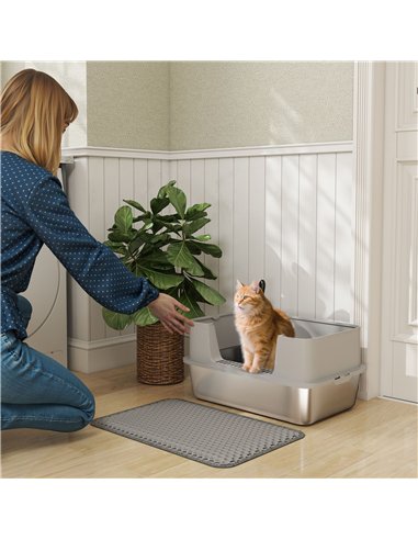 PawHut High Sided Stainless Steel Litter Box, Metal Cat Litter Tray with Metal Scoop, Litter Mat, Never Absorbs Odors, Grey