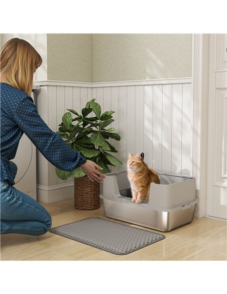 PawHut High Sided Stainless Steel Litter Box, Metal Cat Litter Tray with Metal Scoop, Litter Mat, Never Absorbs Odors, Grey - pic 194591 | FastDaddyshop