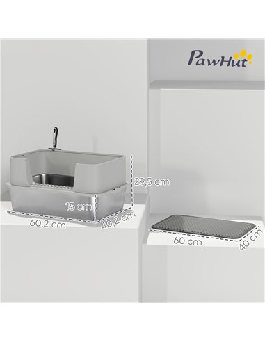 PawHut High Sided Stainless Steel Litter Box, Metal Cat Litter Tray with Metal Scoop, Litter Mat, Never Absorbs Odors, Grey