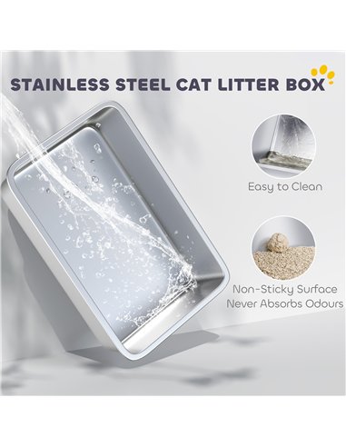 PawHut High Sided Stainless Steel Litter Box, Metal Cat Litter Tray with Metal Scoop, Litter Mat, Never Absorbs Odors, Grey
