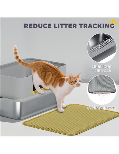 PawHut High Sided Stainless Steel Litter Box, Metal Cat Litter Tray with Metal Scoop, Litter Mat, Never Absorbs Odors, Grey