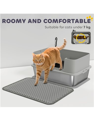 PawHut High Sided Stainless Steel Litter Box, Metal Cat Litter Tray with Metal Scoop, Litter Mat, Never Absorbs Odors, Grey