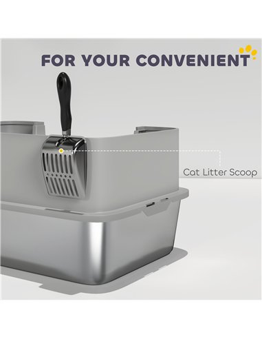 PawHut High Sided Stainless Steel Litter Box, Metal Cat Litter Tray with Metal Scoop, Litter Mat, Never Absorbs Odors, Grey