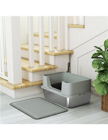 PawHut High Sided Stainless Steel Litter Box, Metal Cat Litter Tray with Metal Scoop, Litter Mat, Never Absorbs Odors, Grey - pic 194598 | FastDaddyshop