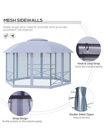 Outsunny 4x4.7m Hexagon Gazebo Tent with 2 Tier Roof, Netting, Steel Frame, Grey