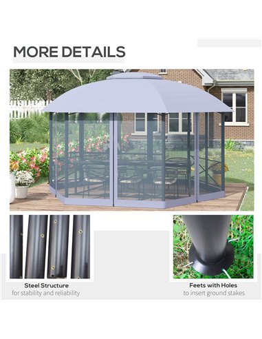 Outsunny 4x4.7m Hexagon Gazebo Tent with 2 Tier Roof, Netting, Steel Frame, Grey
