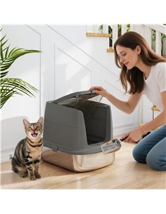 PawHut Large Stainless Steel Litter Box, Enclosed Metal Cat Litter Tray with Scoop, Deodoriser Bag, Front-Entry and Top-Exit 2