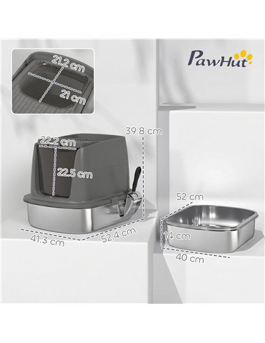 PawHut Large Stainless Steel Litter Box, Enclosed Metal Cat Litter Tray with Scoop, Deodoriser Bag, Front-Entry and Top-Exit
