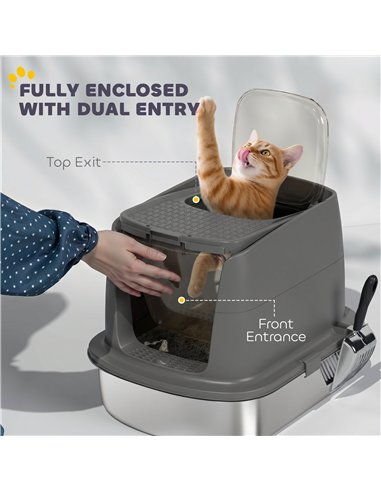 PawHut Large Stainless Steel Litter Box, Enclosed Metal Cat Litter Tray with Scoop, Deodoriser Bag, Front-Entry and Top-Exit