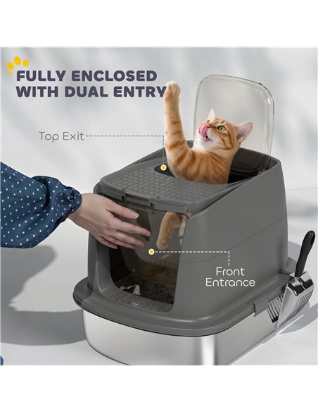 PawHut Large Stainless Steel Litter Box, Enclosed Metal Cat Litter Tray with Scoop, Deodoriser Bag, Front-Entry and Top-Exit - pic 194630 | FastDaddyshop