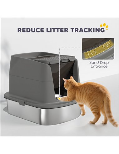 PawHut Large Stainless Steel Litter Box, Enclosed Metal Cat Litter Tray with Scoop, Deodoriser Bag, Front-Entry and Top-Exit