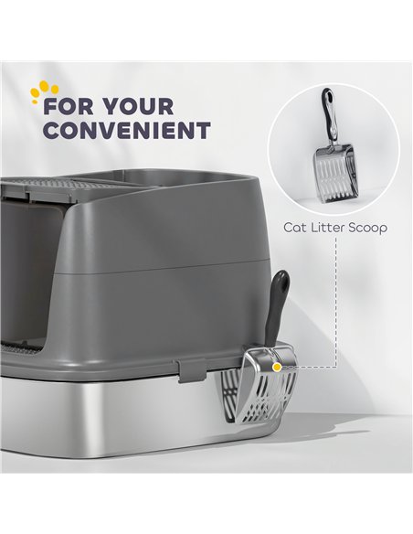 PawHut Large Stainless Steel Litter Box, Enclosed Metal Cat Litter Tray with Scoop, Deodoriser Bag, Front-Entry and Top-Exit - pic 194632 | FastDaddyshop