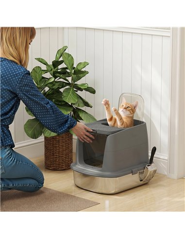 PawHut Large Stainless Steel Litter Box, Enclosed Metal Cat Litter Tray with Scoop, Deodoriser Bag, Front-Entry and Top-Exit
