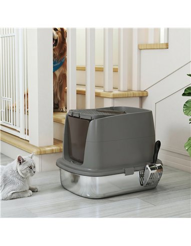 PawHut Large Stainless Steel Litter Box, Enclosed Metal Cat Litter Tray with Scoop, Deodoriser Bag, Front-Entry and Top-Exit