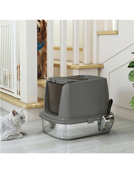 PawHut Large Stainless Steel Litter Box, Enclosed Metal Cat Litter Tray with Scoop, Deodoriser Bag, Front-Entry and Top-Exit - pic 194634 | FastDaddyshop