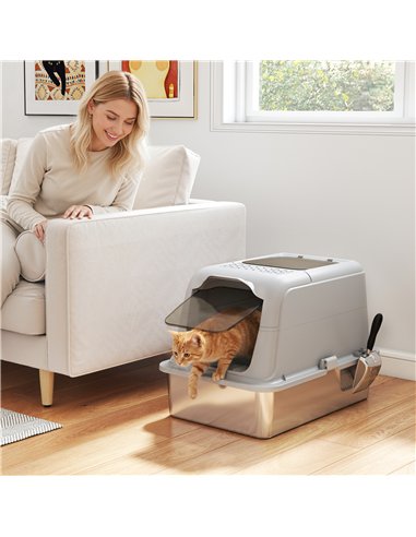 PawHut Extra Large Stainless Steel Litter Box, Enclosed Cat Litter Tray with Scoop, Deodorizer Bag, Front-Entry and Top-Exit