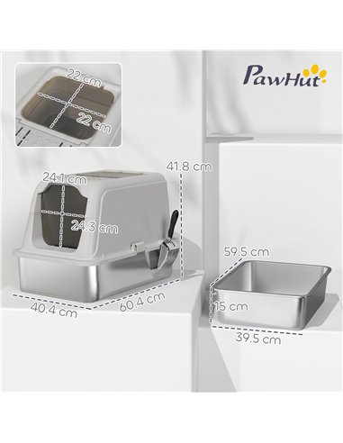 PawHut Extra Large Stainless Steel Litter Box, Enclosed Cat Litter Tray with Scoop, Deodorizer Bag, Front-Entry and Top-Exit