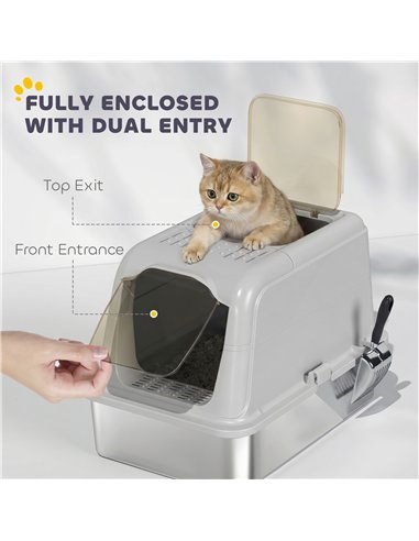 PawHut Extra Large Stainless Steel Litter Box, Enclosed Cat Litter Tray with Scoop, Deodorizer Bag, Front-Entry and Top-Exit
