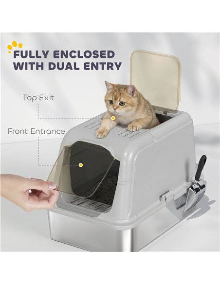PawHut Extra Large Stainless Steel Litter Box, Enclosed Cat Litter Tray with Scoop, Deodorizer Bag, Front-Entry and Top-Exit - pic 194639 | FastDaddyshop