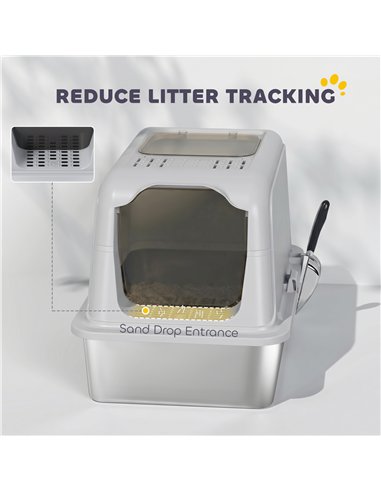PawHut Extra Large Stainless Steel Litter Box, Enclosed Cat Litter Tray with Scoop, Deodorizer Bag, Front-Entry and Top-Exit