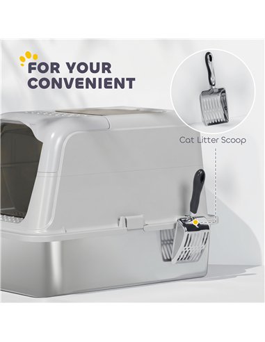 PawHut Extra Large Stainless Steel Litter Box, Enclosed Cat Litter Tray with Scoop, Deodorizer Bag, Front-Entry and Top-Exit