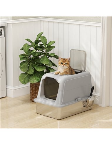 PawHut Extra Large Stainless Steel Litter Box, Enclosed Cat Litter Tray with Scoop, Deodorizer Bag, Front-Entry and Top-Exit