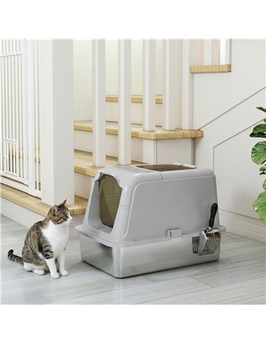 PawHut Extra Large Stainless Steel Litter Box, Enclosed Cat Litter Tray with Scoop, Deodorizer Bag, Front-Entry and Top-Exit
