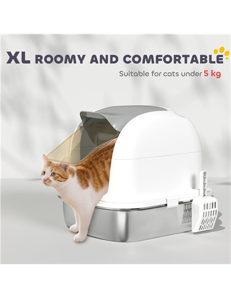 PawHut Stainless Steel Cat Litter Box with Lid, for Cats, Enclosed Cat Litter Box with Flip Cover, Scoop - pic 194663 | FastDaddyshop