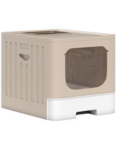 PawHut Foldable Cat Litter Box with Lid, Slide-Out Drawer, Scoop, Easy Clean, Odour Control, Anti-Splashing, Khaki
