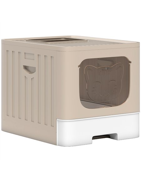 PawHut Foldable Cat Litter Box with Lid, Slide-Out Drawer, Scoop, Easy Clean, Odour Control, Anti-Splashing, Khaki - pic 194673 | FastDaddyshop