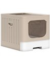 PawHut Foldable Cat Litter Box with Lid, Slide-Out Drawer, Scoop, Easy Clean, Odour Control, Anti-Splashing, Khaki