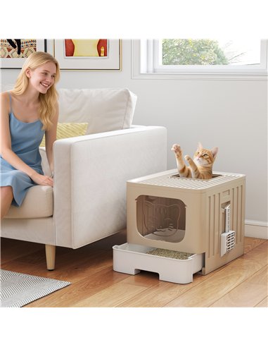 PawHut Cat Litter Box with Lid, Slide-Out Drawer, Scoop, Easy Clean, Odour Control, Anti-Splashing, Khaki
