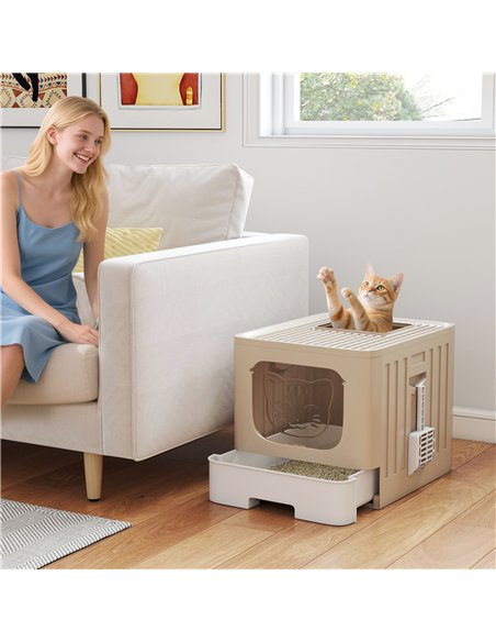 PawHut Cat Litter Box with Lid, Slide-Out Drawer, Scoop, Easy Clean, Odour Control, Anti-Splashing, Khaki - pic 194674 | FastDaddyshop