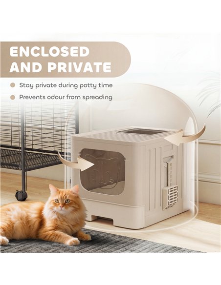 PawHut Cat Litter Box with Lid, Slide-Out Drawer, Scoop, Easy Clean, Odour Control, Anti-Splashing, Khaki - pic 194677 | FastDaddyshop