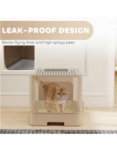 PawHut Cat Litter Box with Lid, Slide-Out Drawer, Scoop, Easy Clean, Odour Control, Anti-Splashing, Khaki