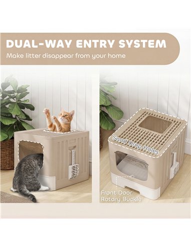 PawHut Cat Litter Box with Lid, Slide-Out Drawer, Scoop, Easy Clean, Odour Control, Anti-Splashing, Khaki