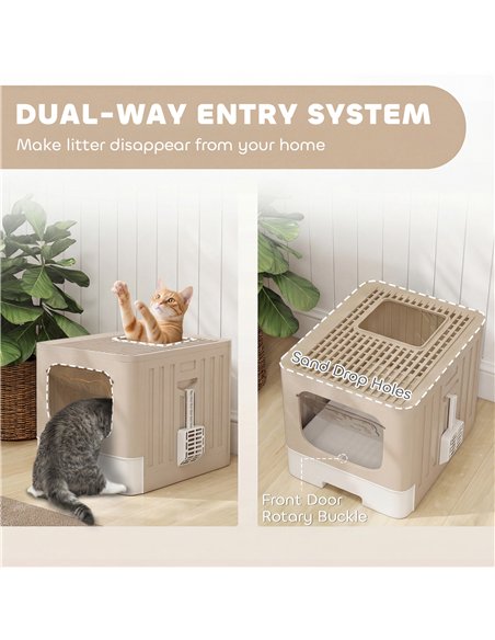 PawHut Cat Litter Box with Lid, Slide-Out Drawer, Scoop, Easy Clean, Odour Control, Anti-Splashing, Khaki - pic 194679 | FastDaddyshop