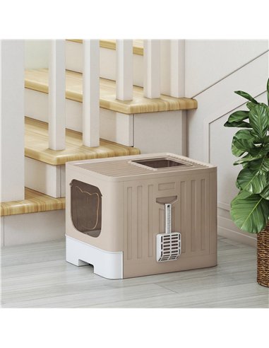 PawHut Cat Litter Box with Lid, Slide-Out Drawer, Scoop, Easy Clean, Odour Control, Anti-Splashing, Khaki