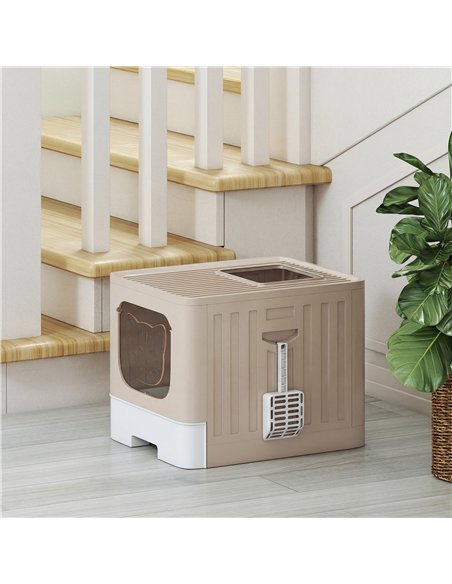 PawHut Cat Litter Box with Lid, Slide-Out Drawer, Scoop, Easy Clean, Odour Control, Anti-Splashing, Khaki - pic 194680 | FastDaddyshop