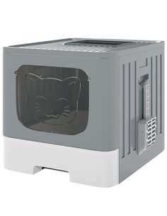 PawHut Foldable Cat Litter Box with Lid, Slide-Out Drawer, Scoop, Easy Clean, Odour Control, Anti-Splashing, Grey