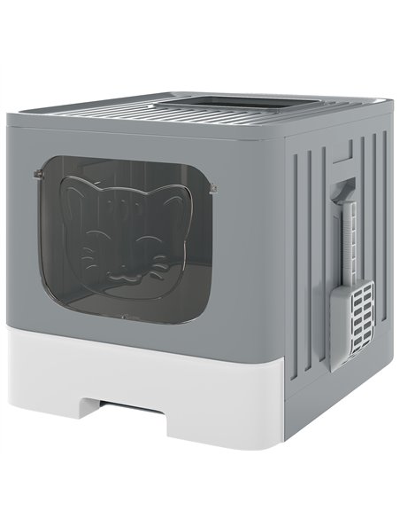 PawHut Foldable Cat Litter Box with Lid, Slide-Out Drawer, Scoop, Easy Clean, Odour Control, Anti-Splashing, Grey - pic 194682 | FastDaddyshop