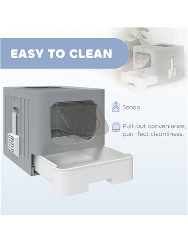 PawHut Cat Litter Box with Lid, Slide-Out Drawer, Scoop, Easy Clean, Odour Control, Anti-Splashing, Grey