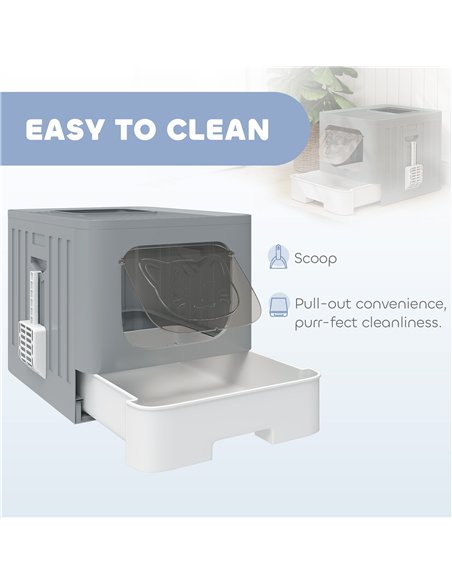 PawHut Cat Litter Box with Lid, Slide-Out Drawer, Scoop, Easy Clean, Odour Control, Anti-Splashing, Grey - pic 194685 | FastDaddyshop