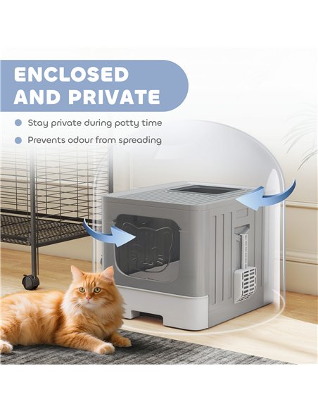 PawHut Cat Litter Box with Lid, Slide-Out Drawer, Scoop, Easy Clean, Odour Control, Anti-Splashing, Grey - pic 194686 | FastDaddyshop