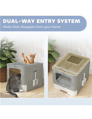 PawHut Cat Litter Box with Lid, Slide-Out Drawer, Scoop, Easy Clean, Odour Control, Anti-Splashing, Grey